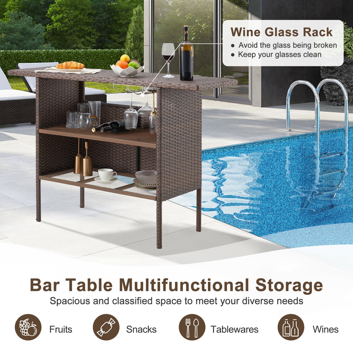 5 Pcs Outdoor Wicker Bar Set Patio Rattan Table 4 Stools Wine Rack Glass Holder