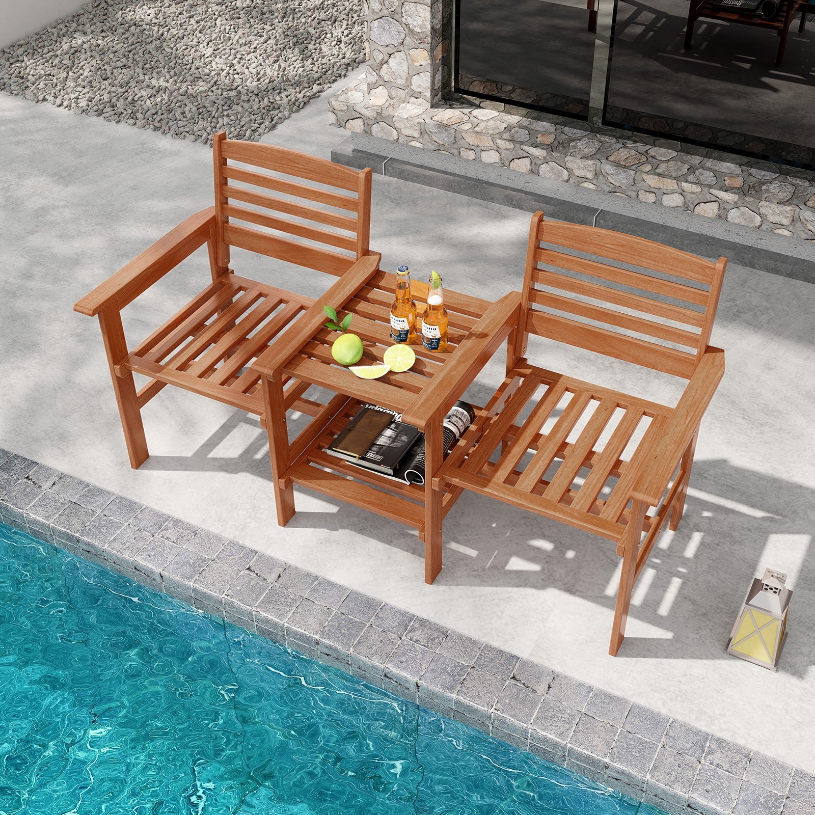 Outdoor Patio Wood 2-Seat Conversation Set Coffee Table Umbrella Hole