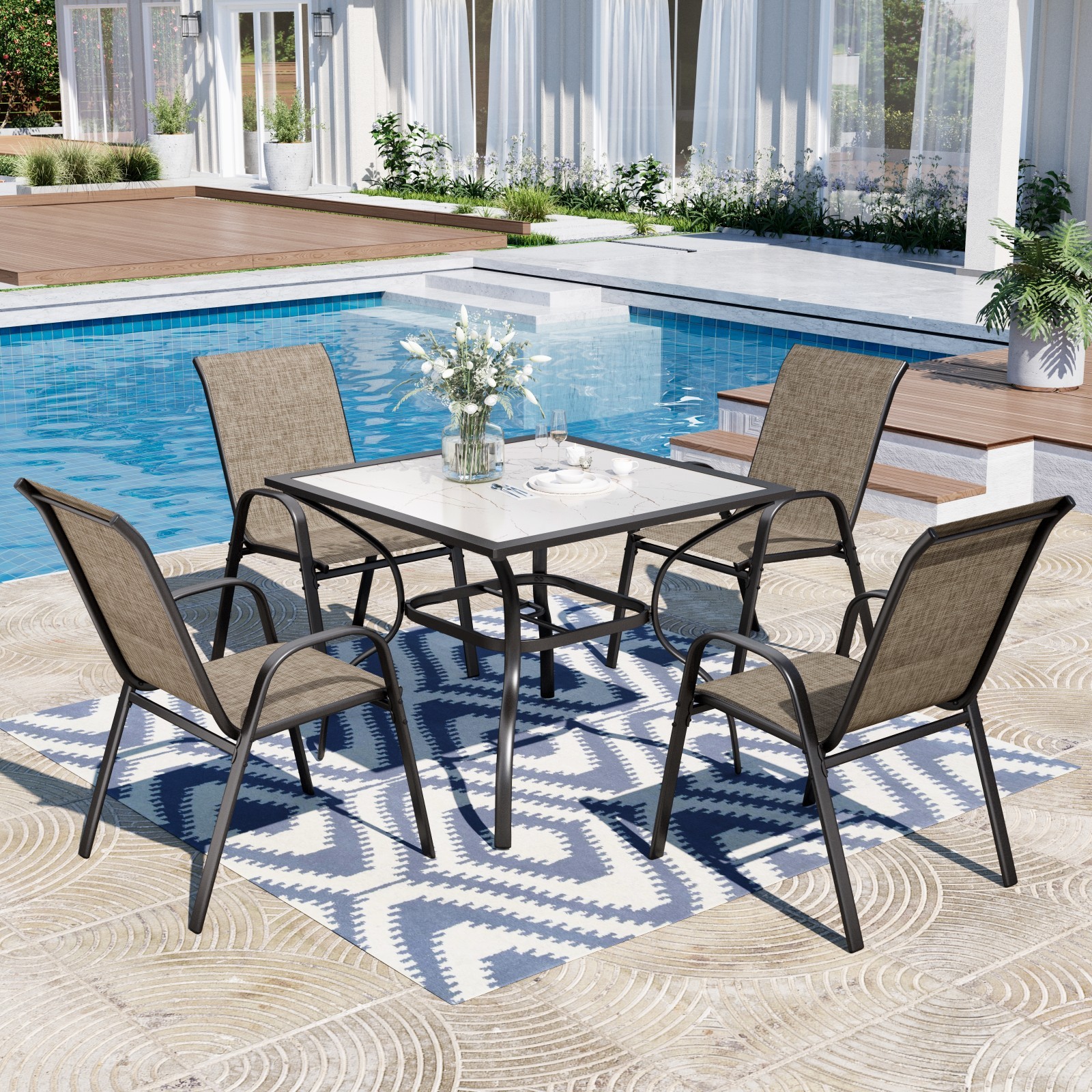 5 Piece Outdoor Dining Set with Stackable Patio Chair Square Table for Balcony