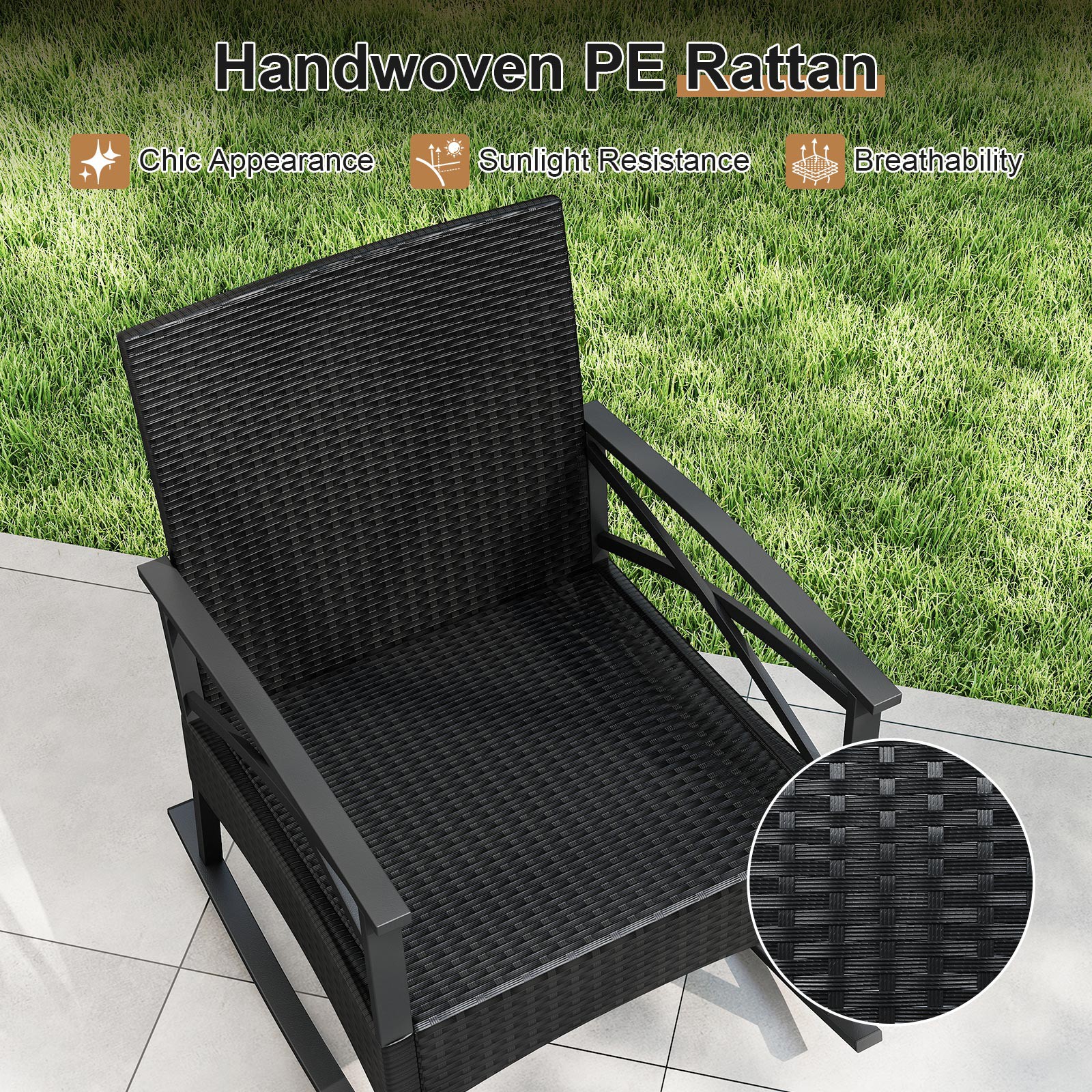 3-Piece Rattan Rocking Bistro Set w/Tempered Glass Tabletop & Cushions for Porch