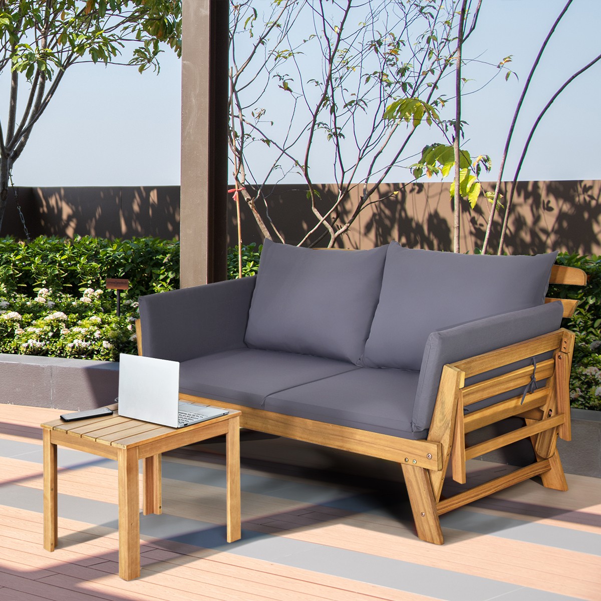 Patio Convertible Sofa Daybed Solid Wood Adjustable Furniture W/Thick Cushion