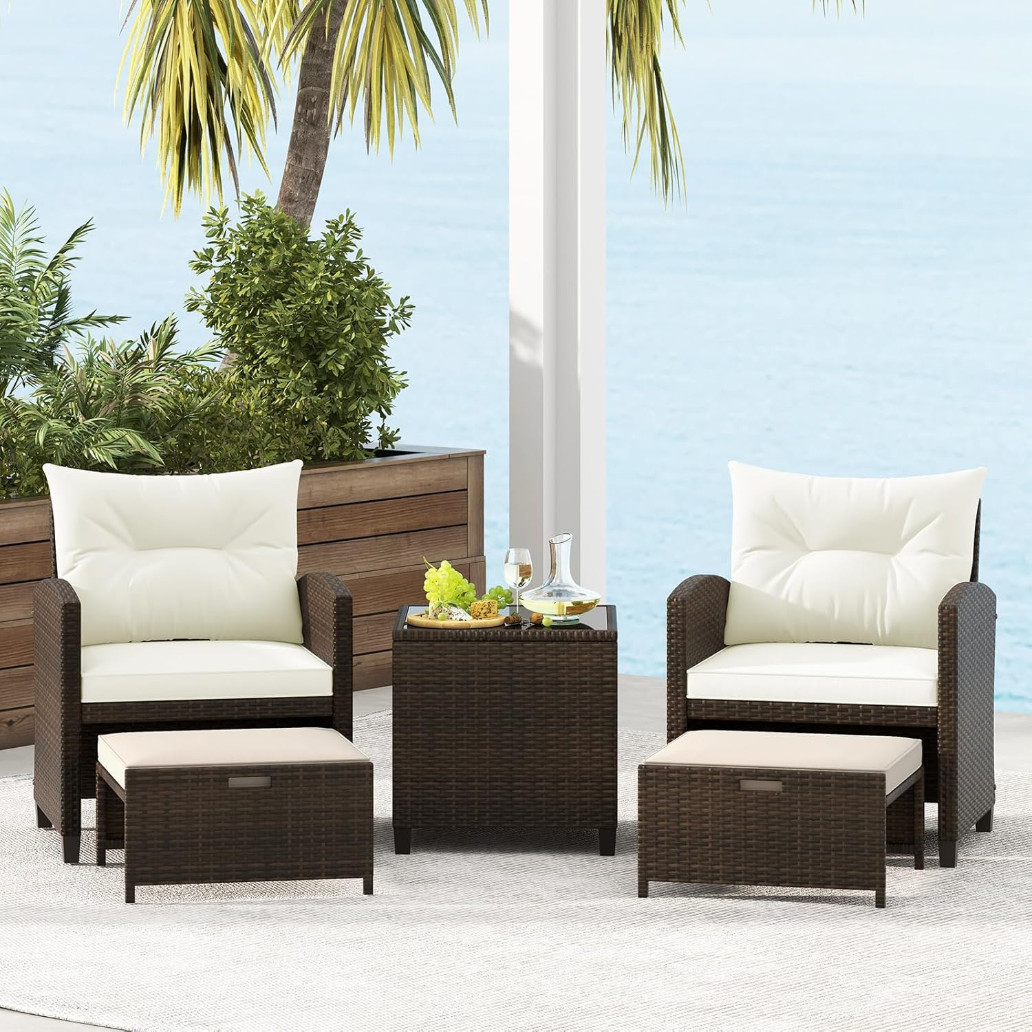 5 Pieces Patio Conversation Set, PE Wicker Outdoor Furniture Set with 2 Chairs,