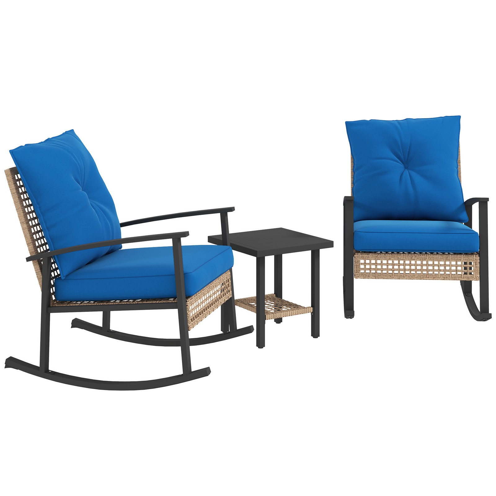 3 Pieces Bistro Set with Rattan Rocking Chairs & Coffee Table Dark Blue