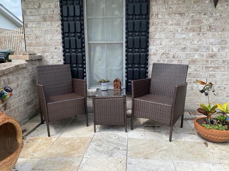 3-Piece Brown Wicker Bistro Set, 2 Chairs, Beige Cushions, Glass-Top Table