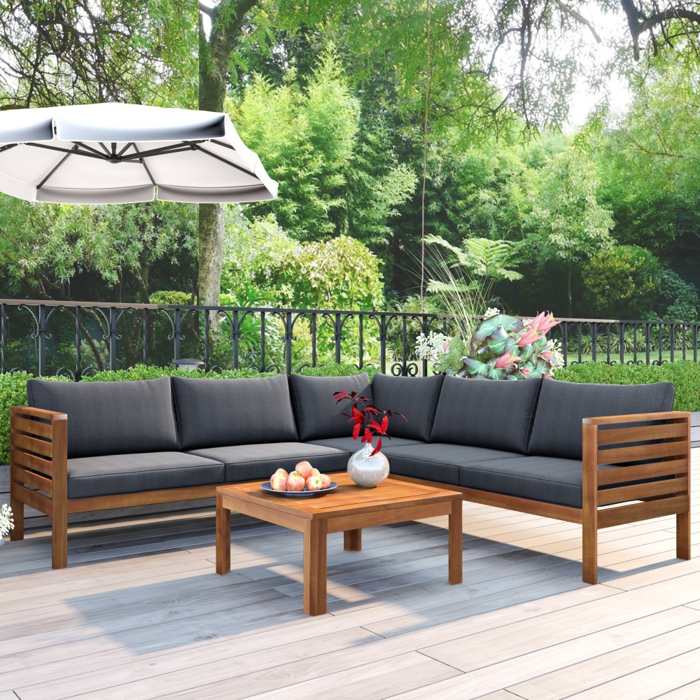 4PCS Acacia Wood Patio Sectional Sofa Set w/UV Protected Cushions & Coffee Table