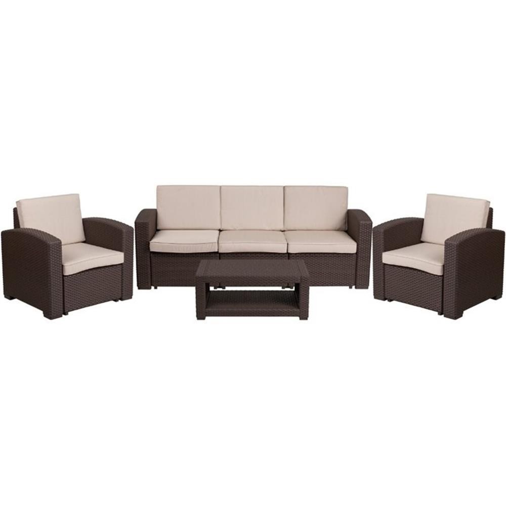 Flash Furniture 4 Piece Faux Rattan Patio Sofa Set in Chocolate Brown