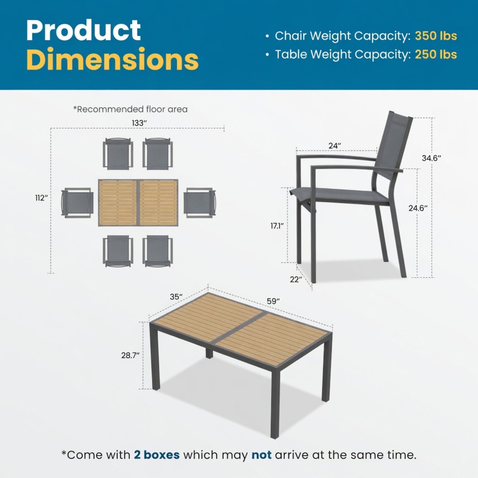 7-Piece Gray Patio Dining Set, 6-Seat All-Weather HDPS Aluminum Table