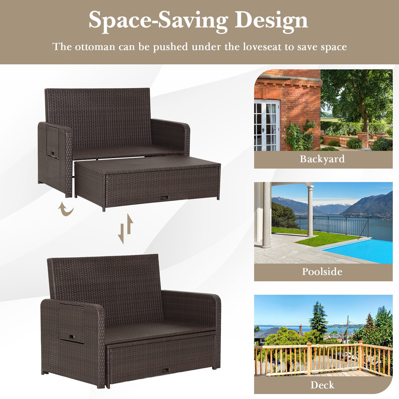 Patio Rattan Daybed Lounge 3 Soft Cushions & 2 Pillows Side Tables for Backyard