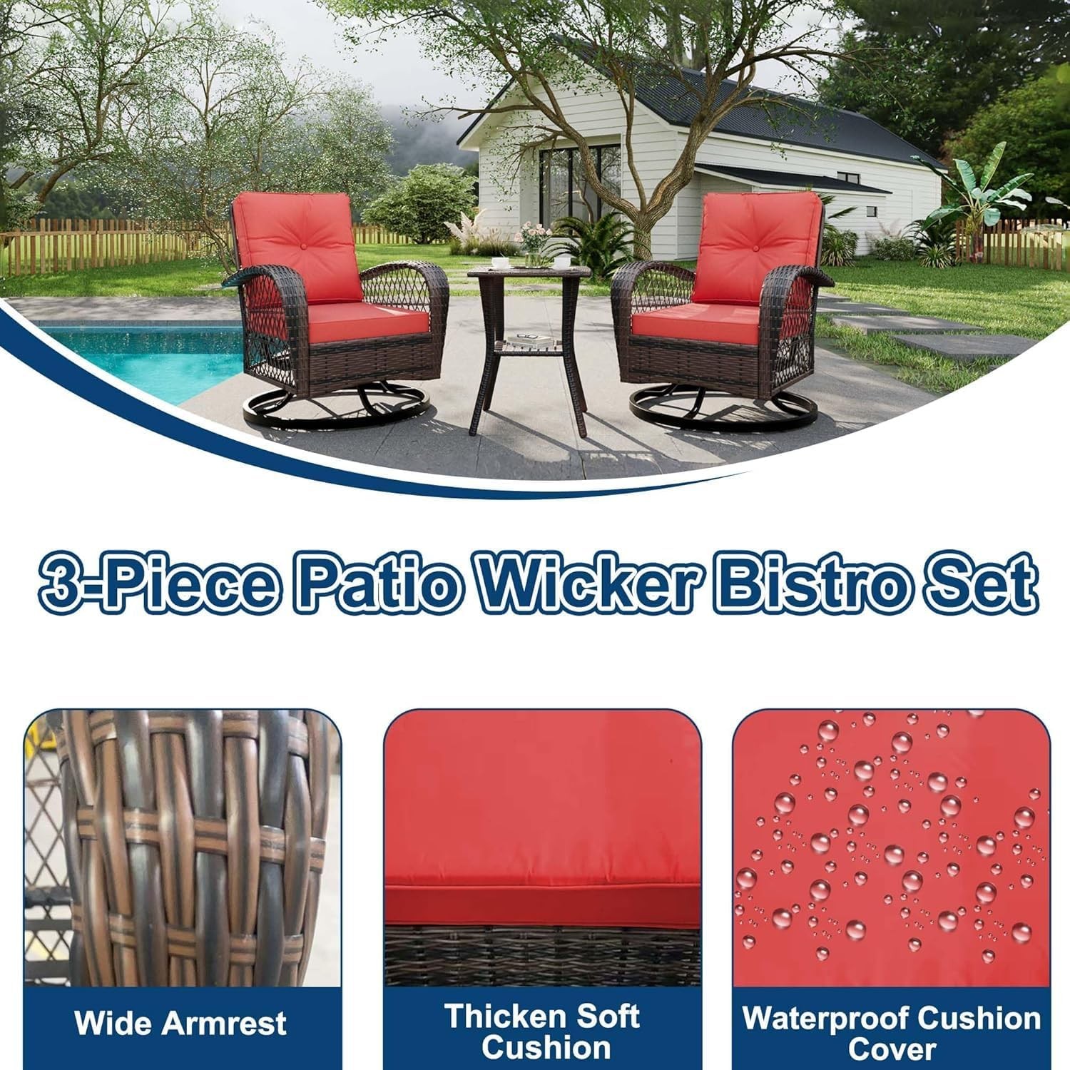 Swivel Rocking Wicker Patio Chairs Set w/ Glass Table, 350lb Each Chair Outdoor