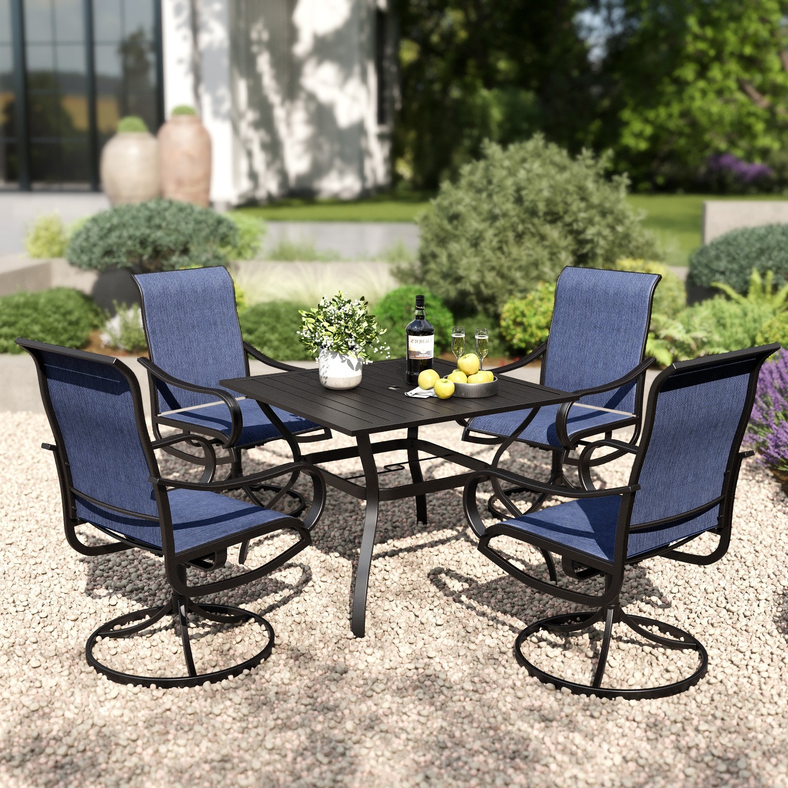 5PCS Outdoor Patio Dining Set Square Table with Umbrella Hole Swivel Armchairs