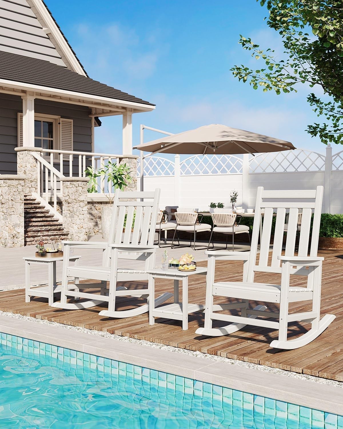 Set of 3 HDPE Rocking Chairs w/ Side Table High Back 350 lbs Patio Porch Rockers
