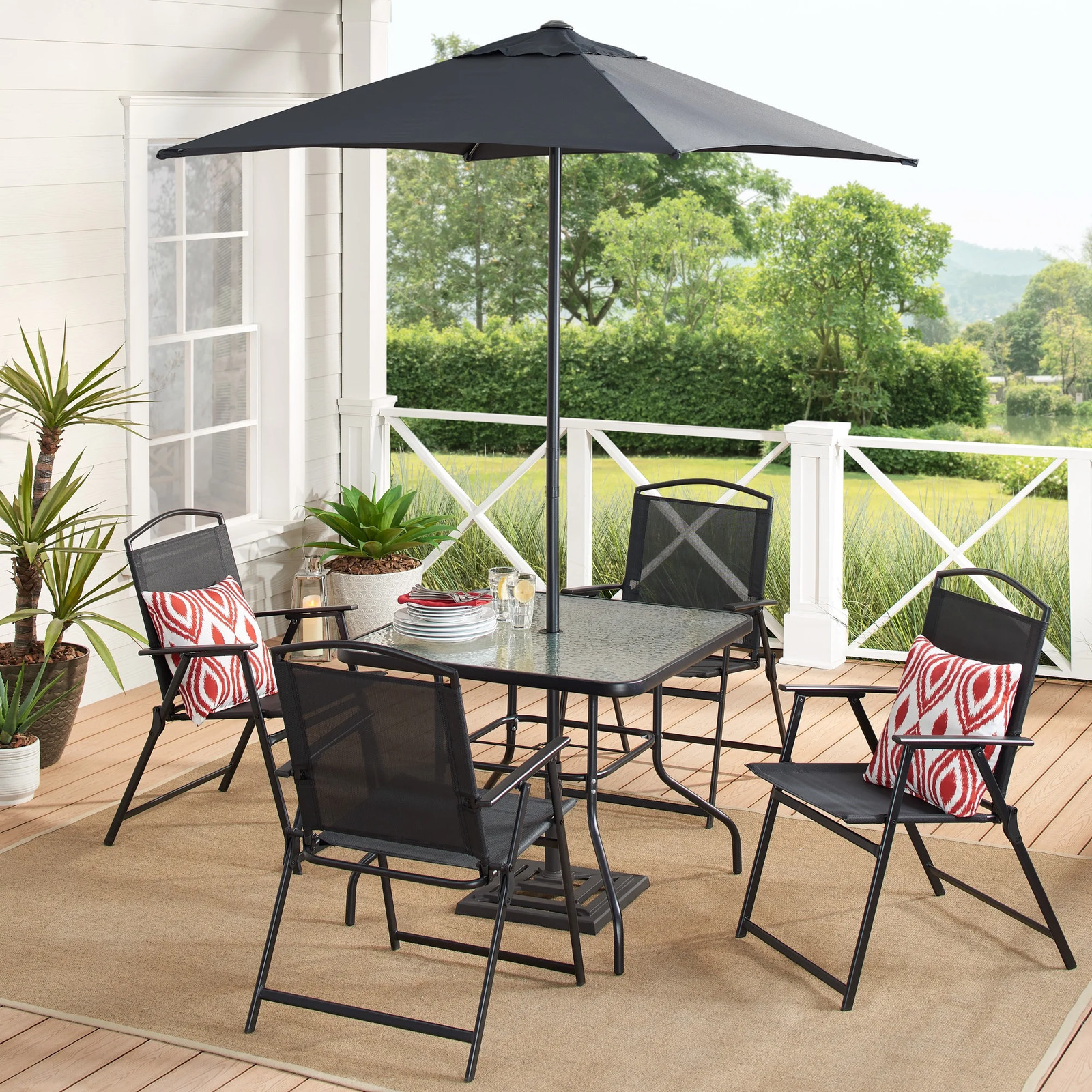 Outdoor Steel Patio 6-Piece Dining Set w/ Umbrella Table 4 Chairs Outside Table