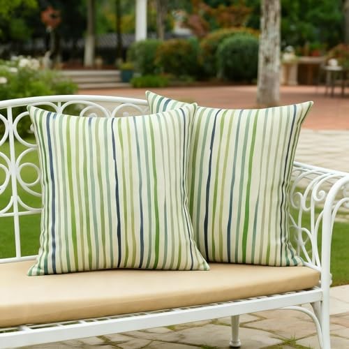 Spring Outdoor Waterproof Throw 18″ x 18″ (Pack of 2) Natural Green Stripes