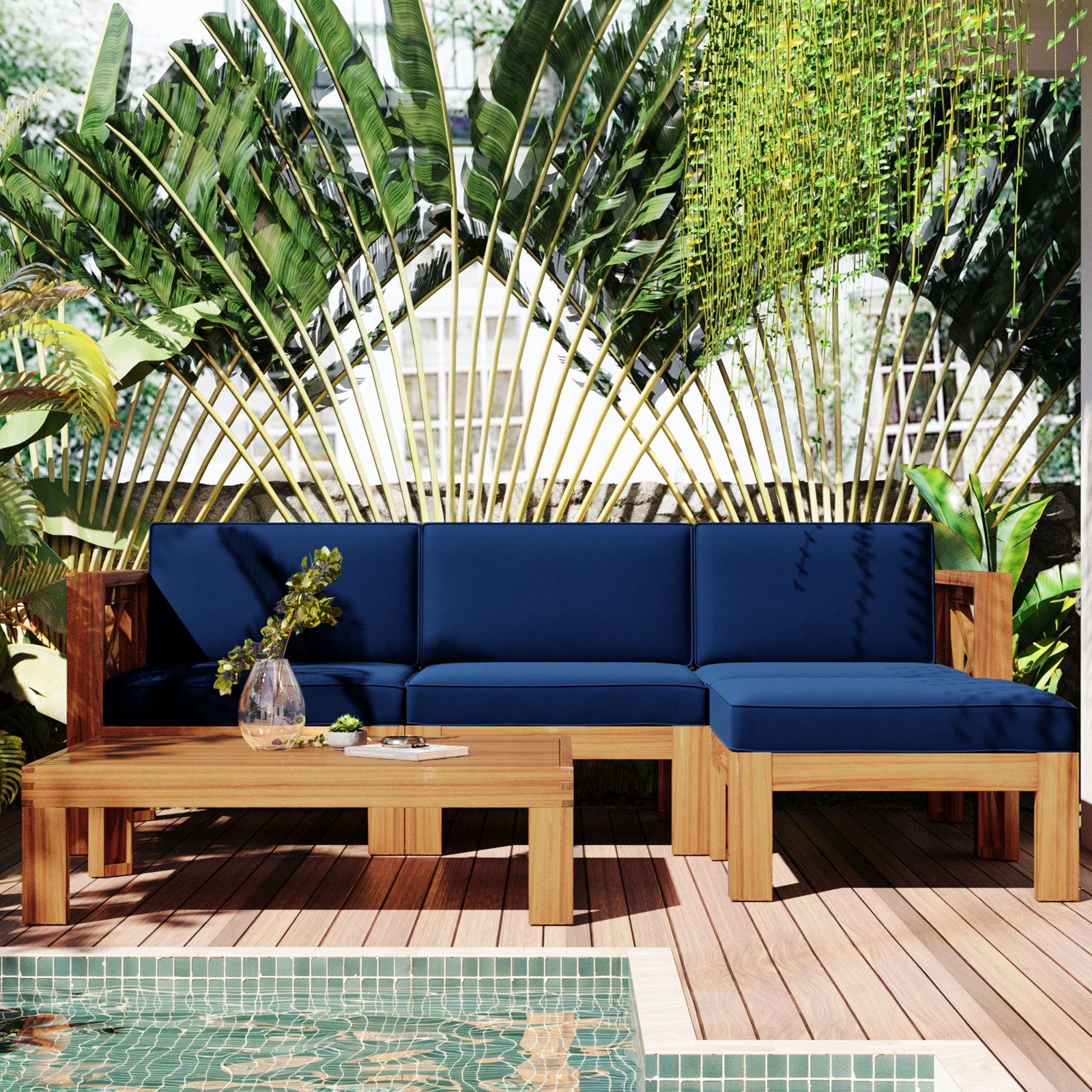 5-Piece Acacia Wood Patio Sectional Sofa Set with Blue Cushions – Natural Finish
