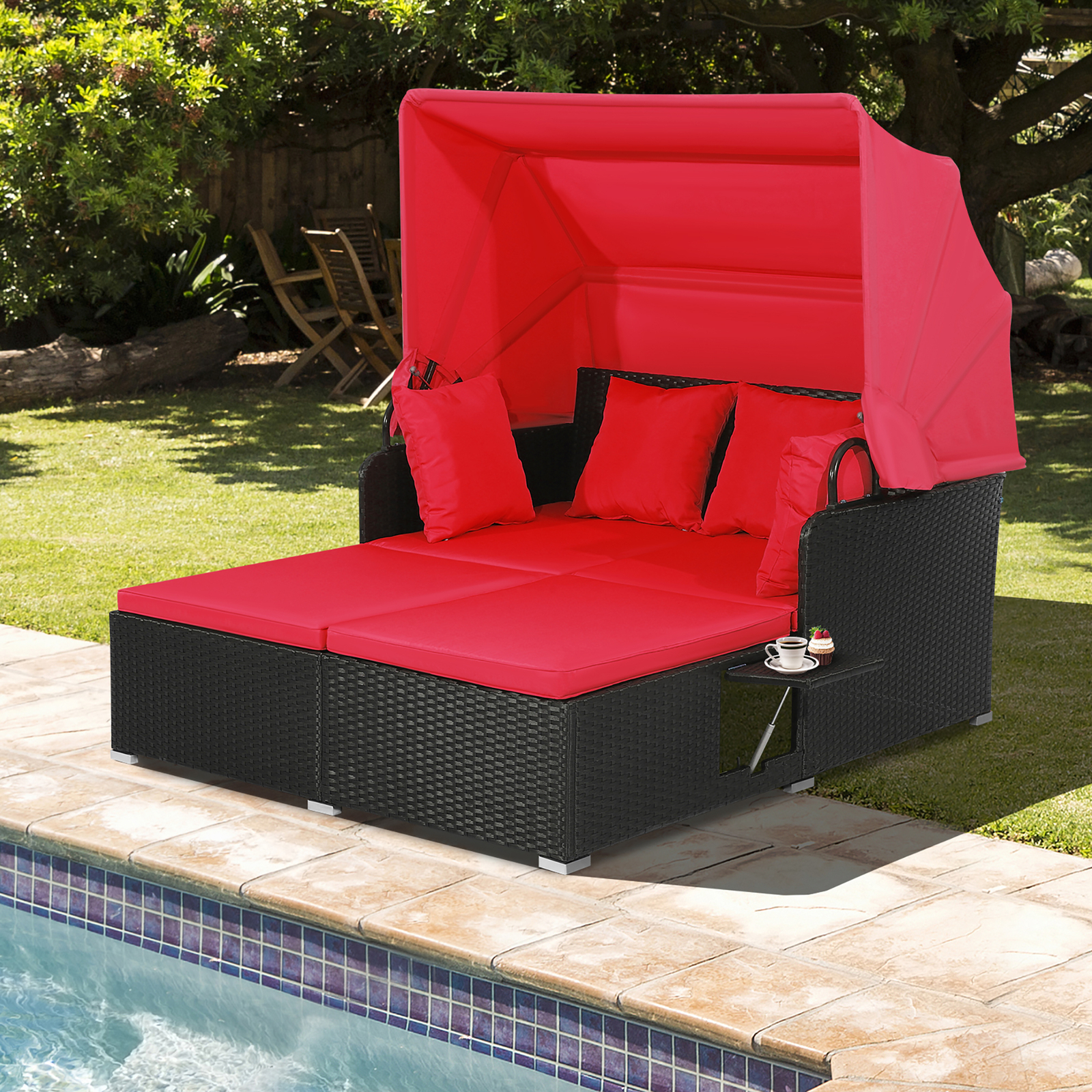 Patio Hand-Woven PE Wicker Daybed Outdoor Loveseat Sofa Set w/ Red Cushions