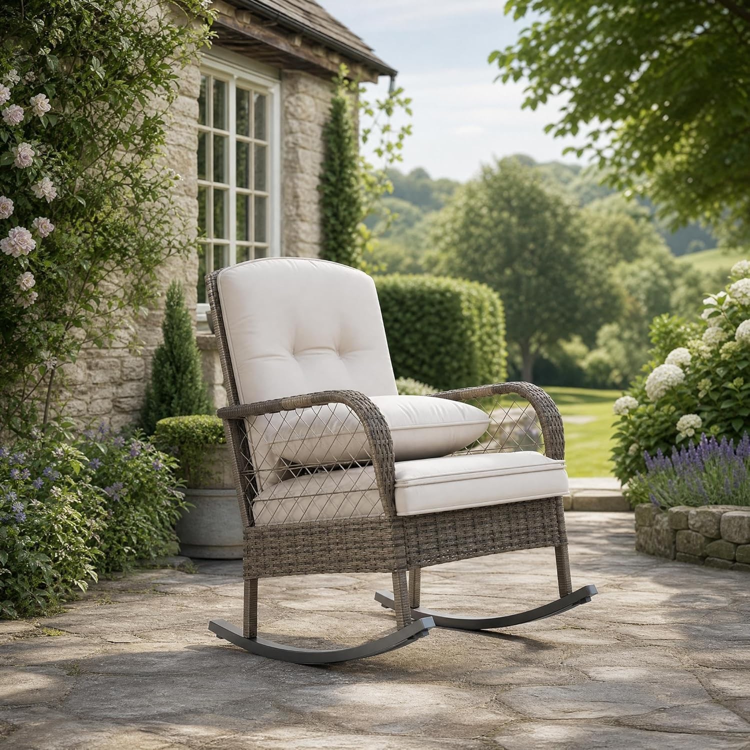 Outdoor Rocking Chairs Wicker High Back Ergonomic Handwoven Brown Rattan Cushion