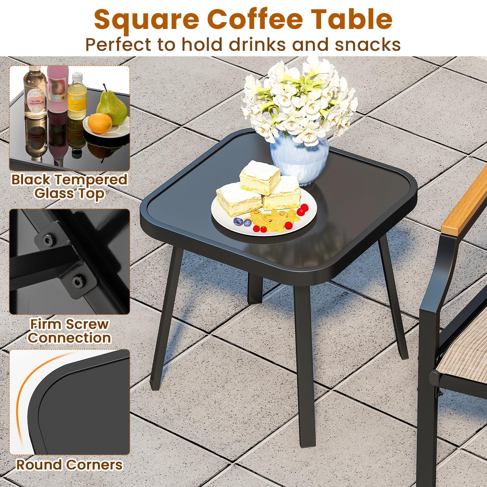 3 Piece Outdoor Bistro Set, Table & Metal Frame Chairs Set of 2 with Breathab…