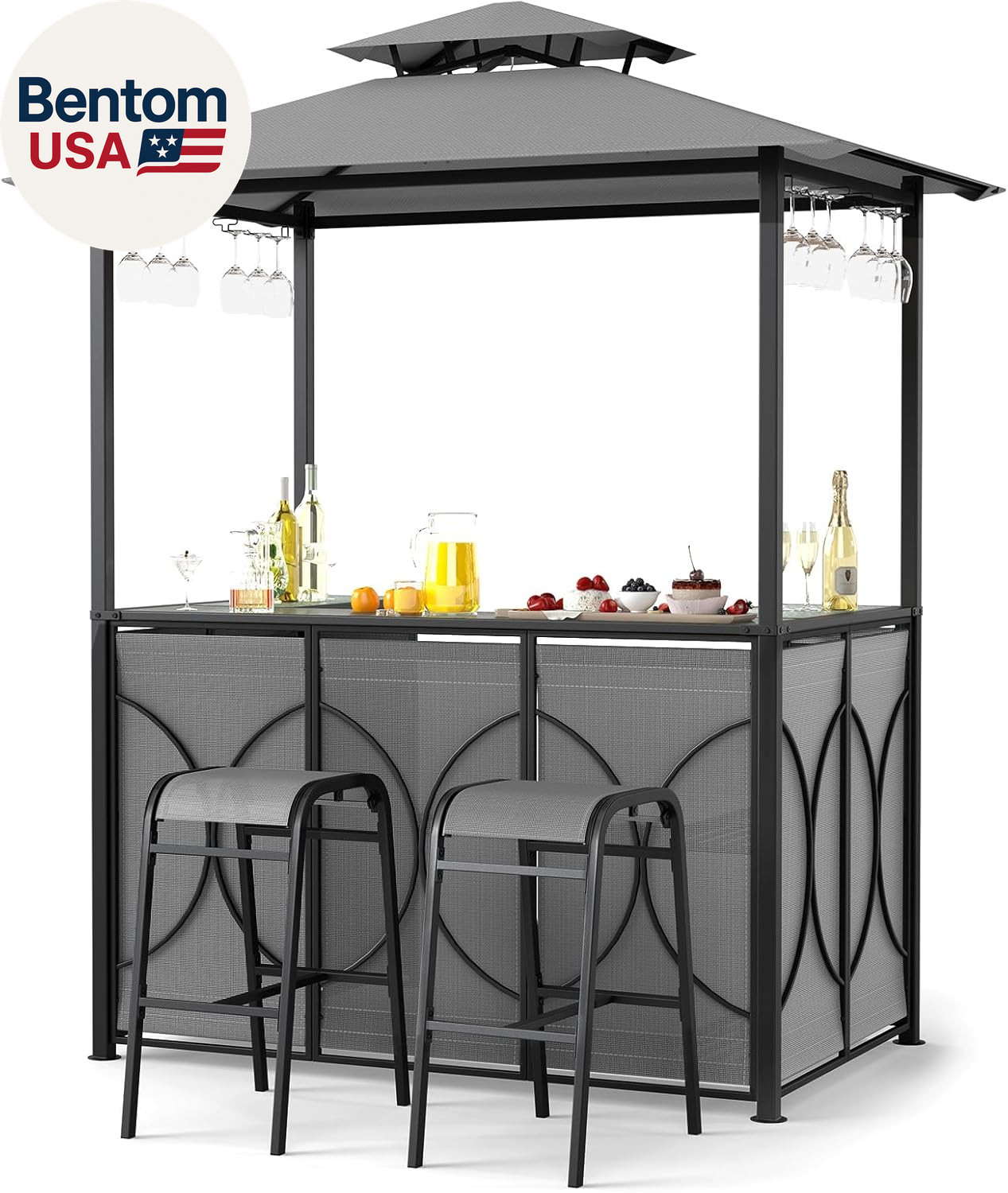 3-Piece Patio Bar Set, Grill Gazebo & 2 Bar Stools with Tempered Glass Bar Table