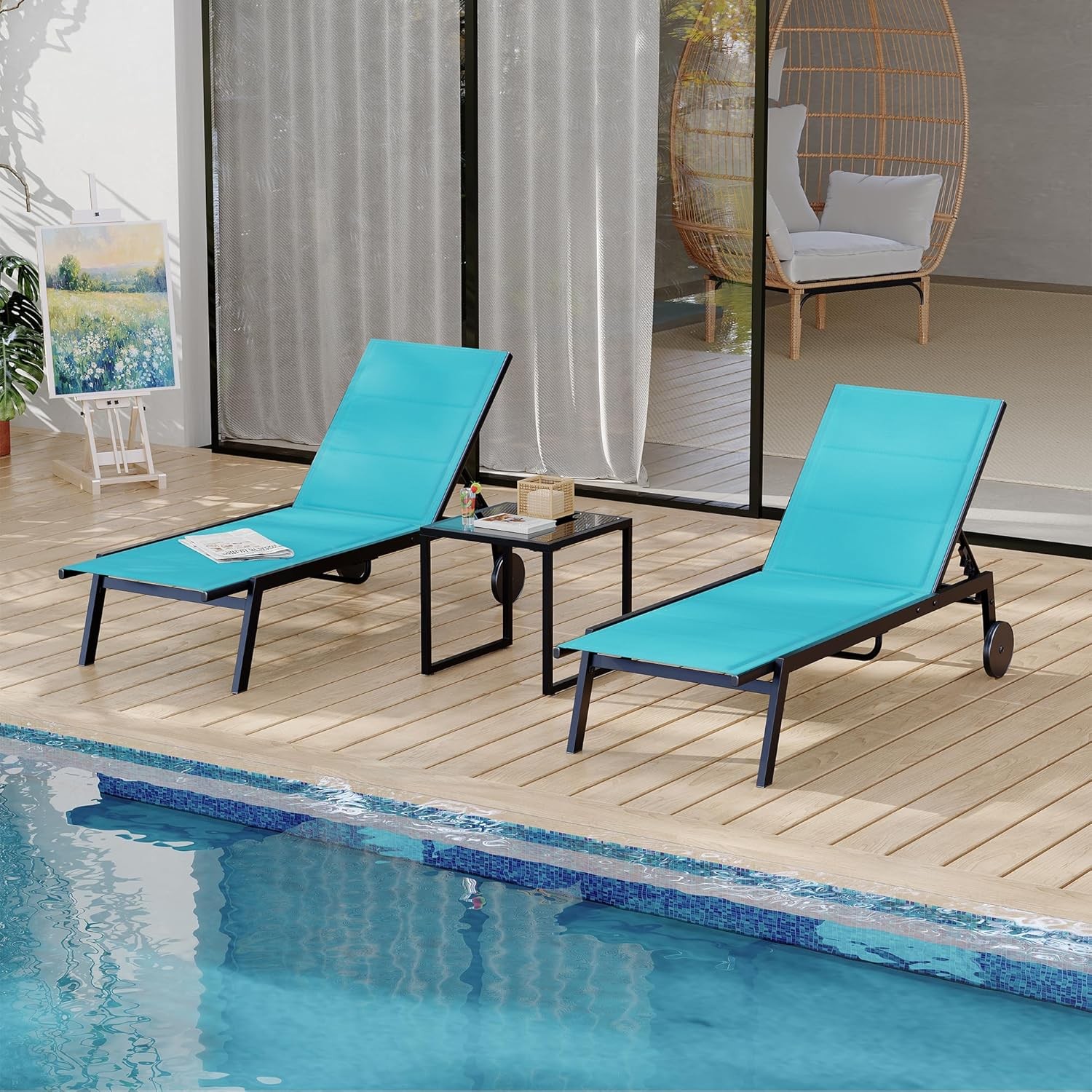Outdoor Lounge Chairs 3 pcs with Wheel Side Table Poolside Lounger Patio Chaise