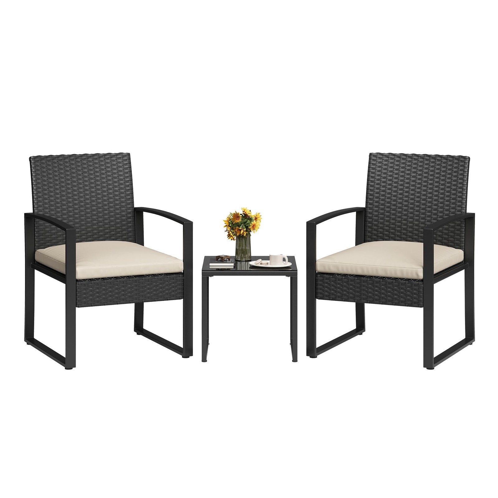 3 Piece Wicker Patio Furniture Set Rattan Chairs Glass Coffee Table Cushion