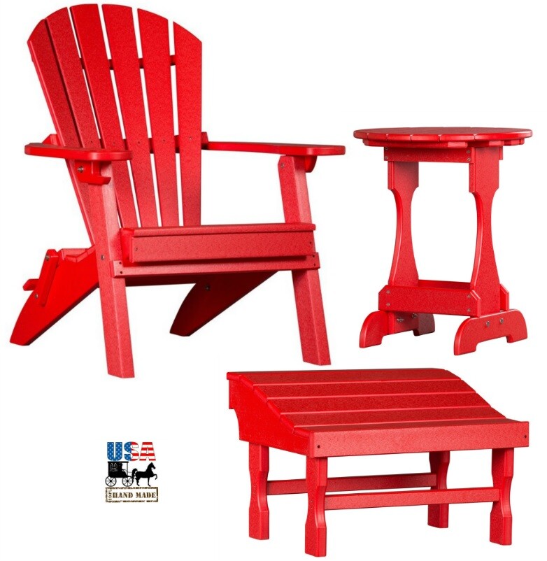 3pc 4 SEASON PATIO SET – Folding RED Adirondack Chair Ottoman & Candy Table USA