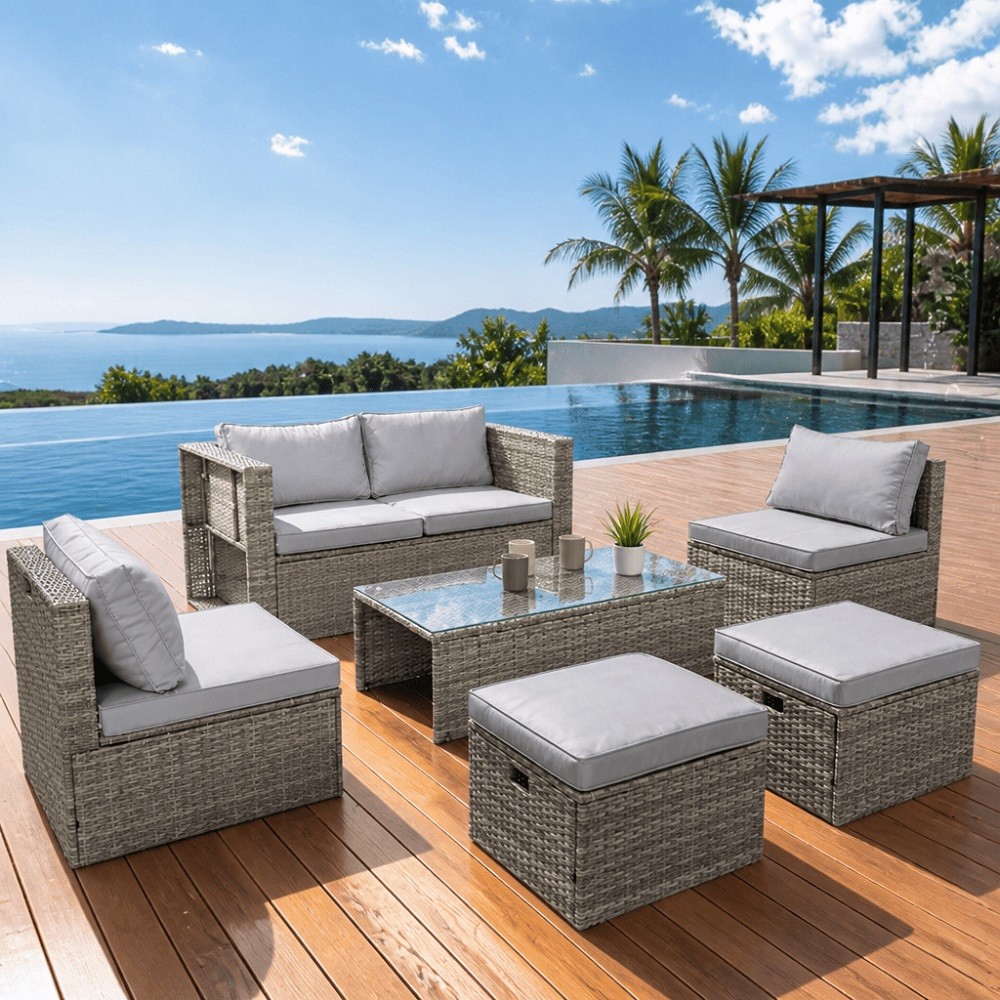 6x Outdoor Rattan Patio Furniture Set Wicker Sectional Sofa Gray Cushion Storage