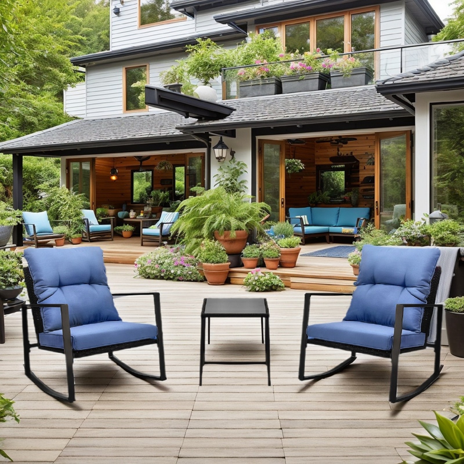 3-Piece Patio Bistro Set Rocking Chairs Blue Cushion Outdoor Garden Poolside Set