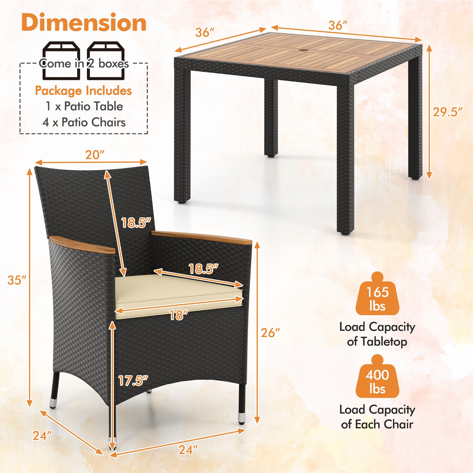 Patio 5 PCS Dining Table Set for 4 Rattan Conversation Set with Umbrella Hole