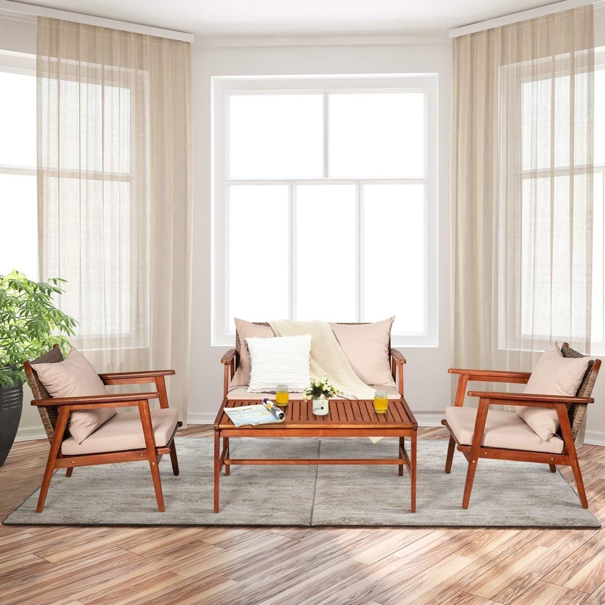 Stylish 4 PCS Wood Sofa Set with Thick Cushions – Perfect for Patio & Garden