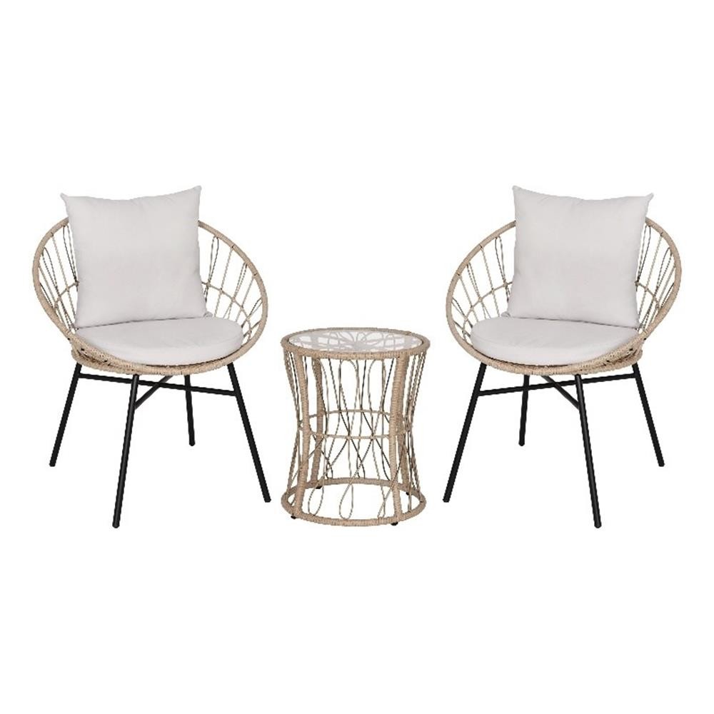 Pemberly Row Rattan Rope Bistro Set with Glass Top Table in Tan/Gray