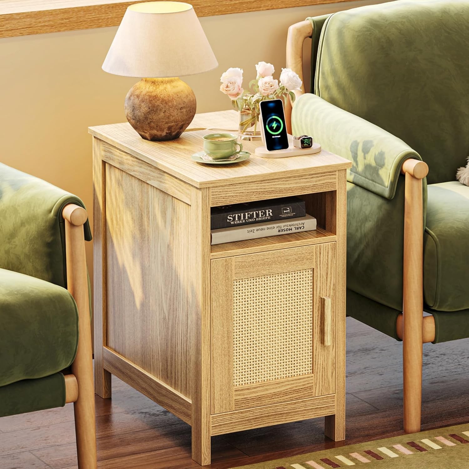 Huur Narrow Night Stand, End Table with Charging Stat, USB-C Port,