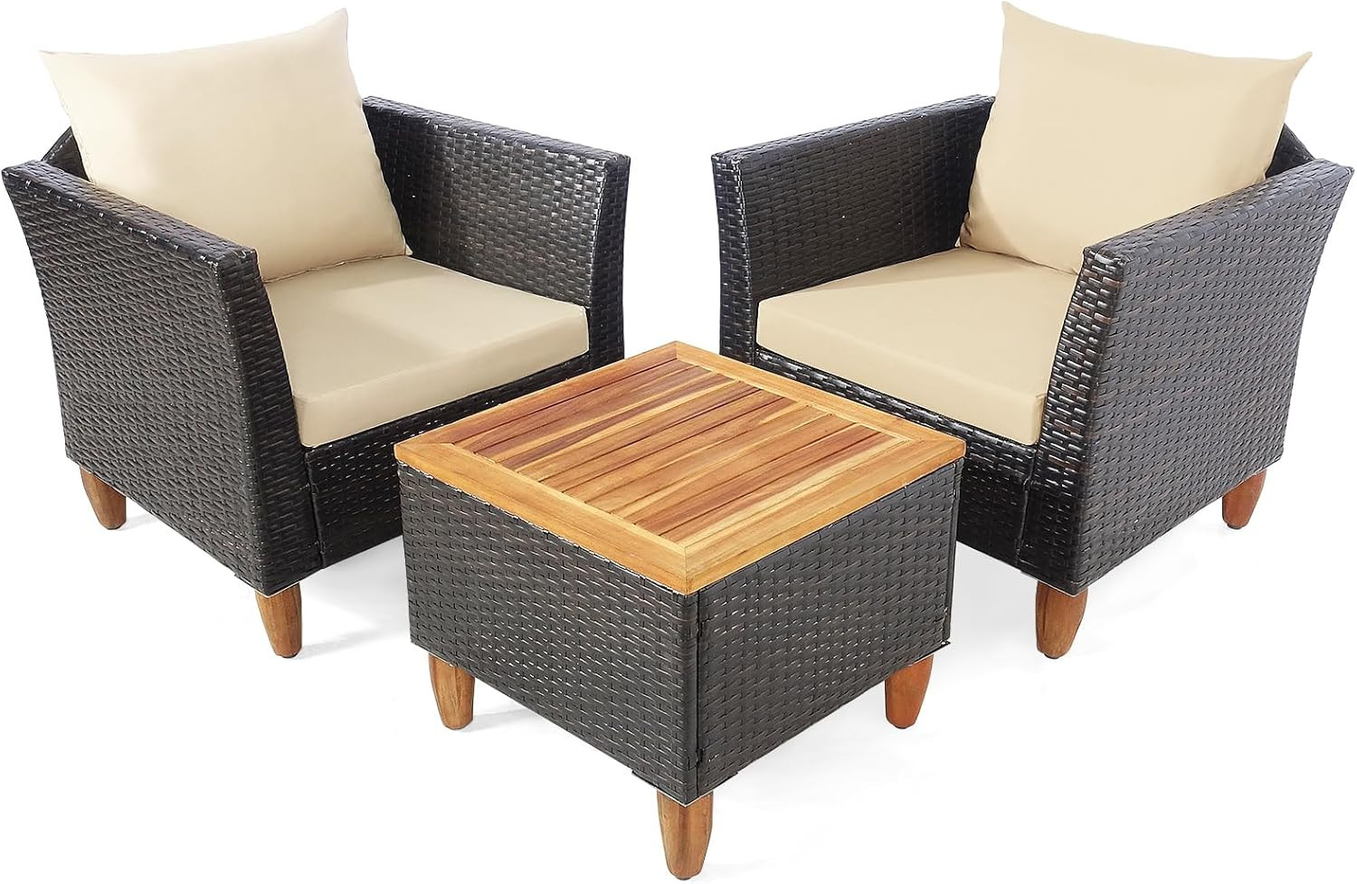 Beige 3-Piece Rattan Patio Furniture Set with Cushions & Acacia Table