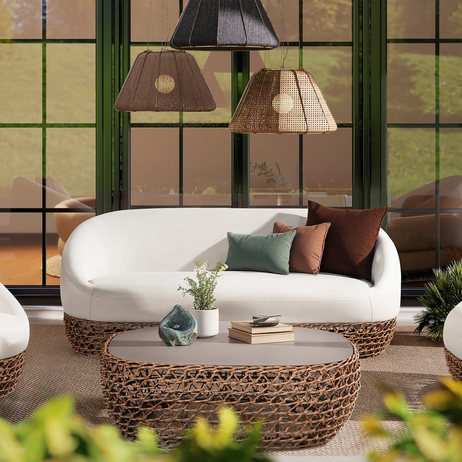 Willow 71″ Upholstered Woven Patio Deep Seating Sofa Beige Wicker Frame Olefin
