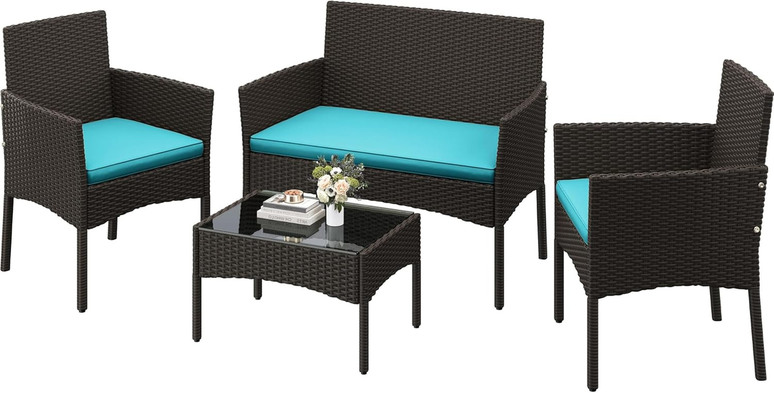 Patio Furniture Set 4 Pieces Conversation Sets, Rattan Chair Wicker Set Loveseat