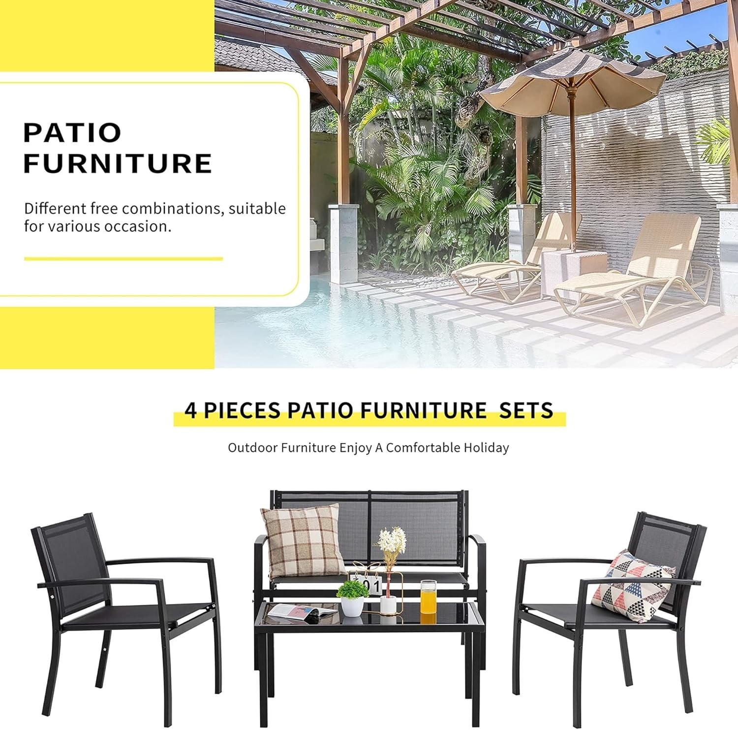 4 Piece Wicker Loveseat Cushion Square Table Patio Lawn Garden Furniture Set