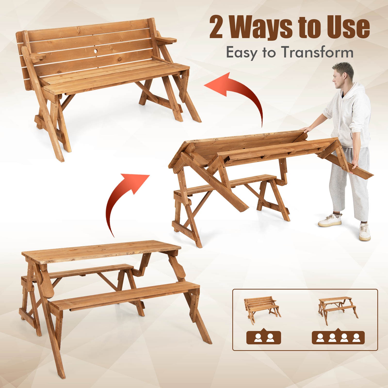 2-in-1 Interchangeable Transforming Wooden Picnic Table Bench w/ Umbrella Hole