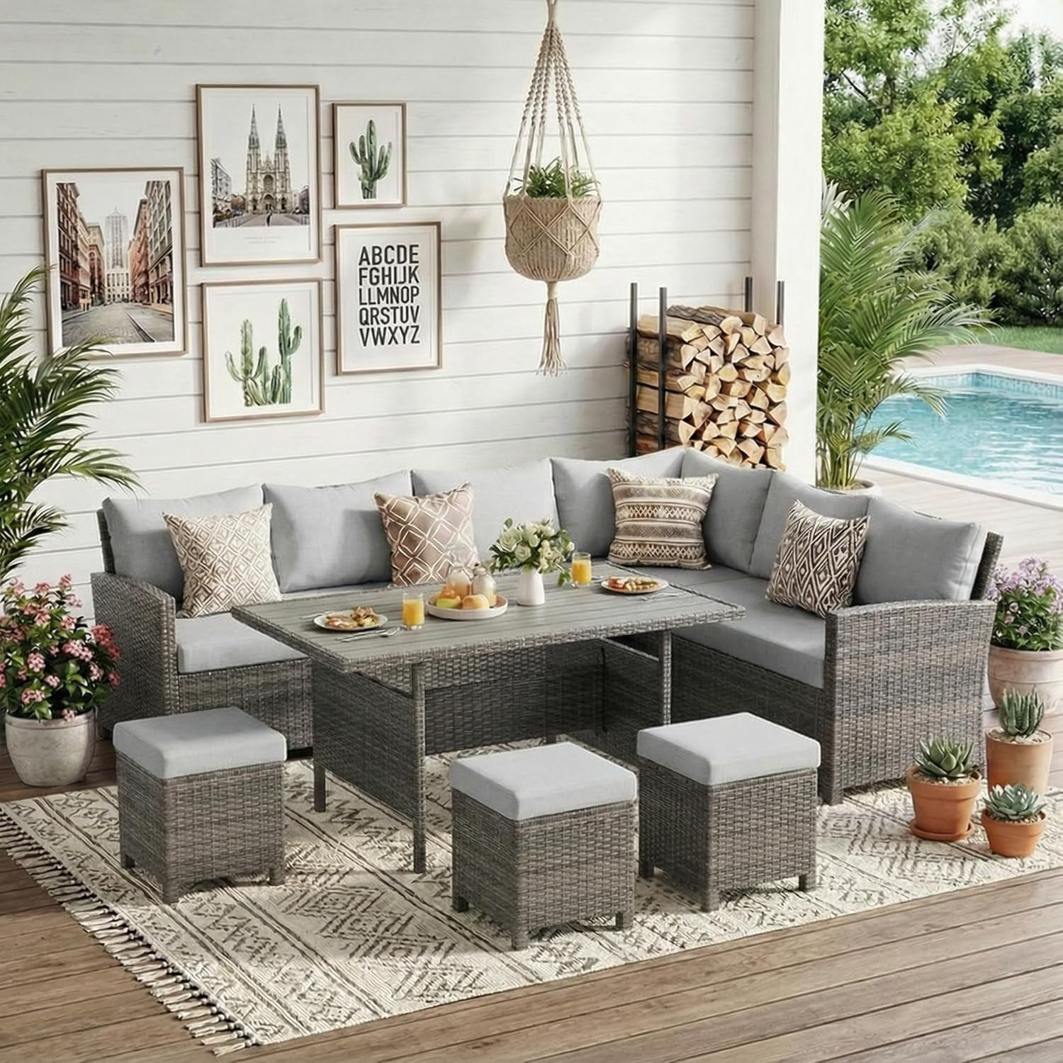 7 Piece Patio Furniture Set, High Curved Back Wicker Outdoor Dining Set, All Wea