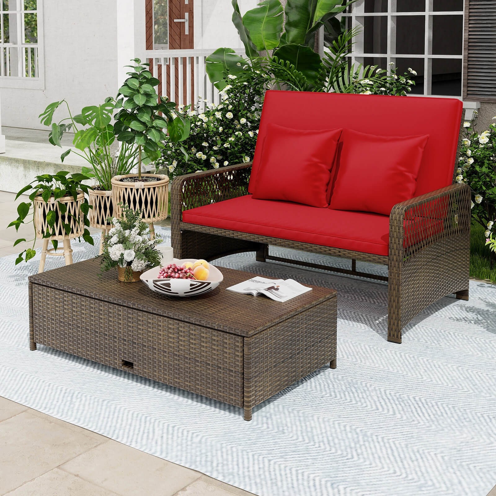 Patio Rattan Daybed Wicker Loveseat Sofa with Multifunctional Ottoman