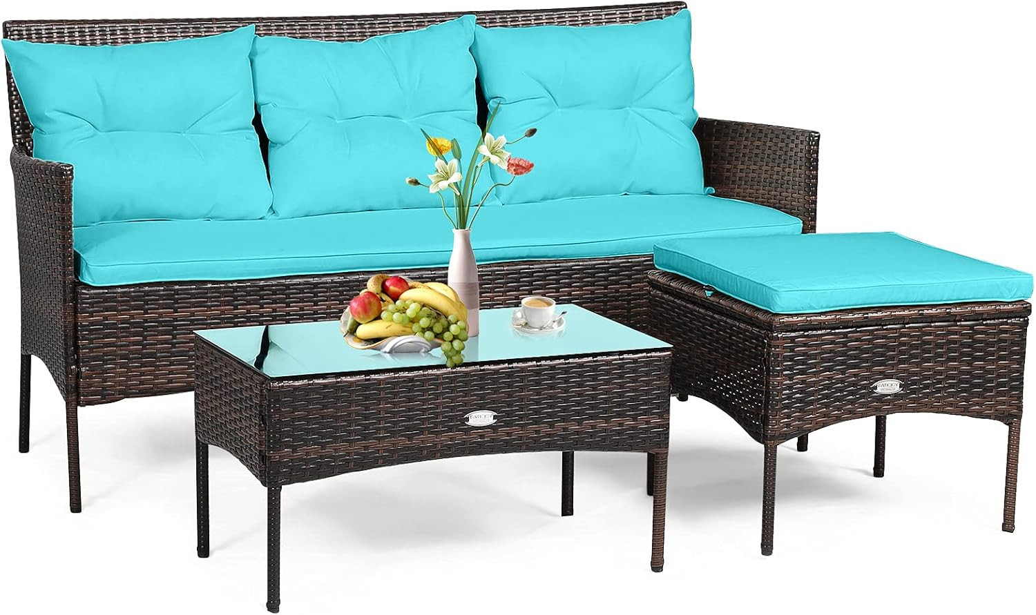 3PCS Patio Rattan Furniture Set 3-Seat Sofa Cushioned Table Garden, Turquoise