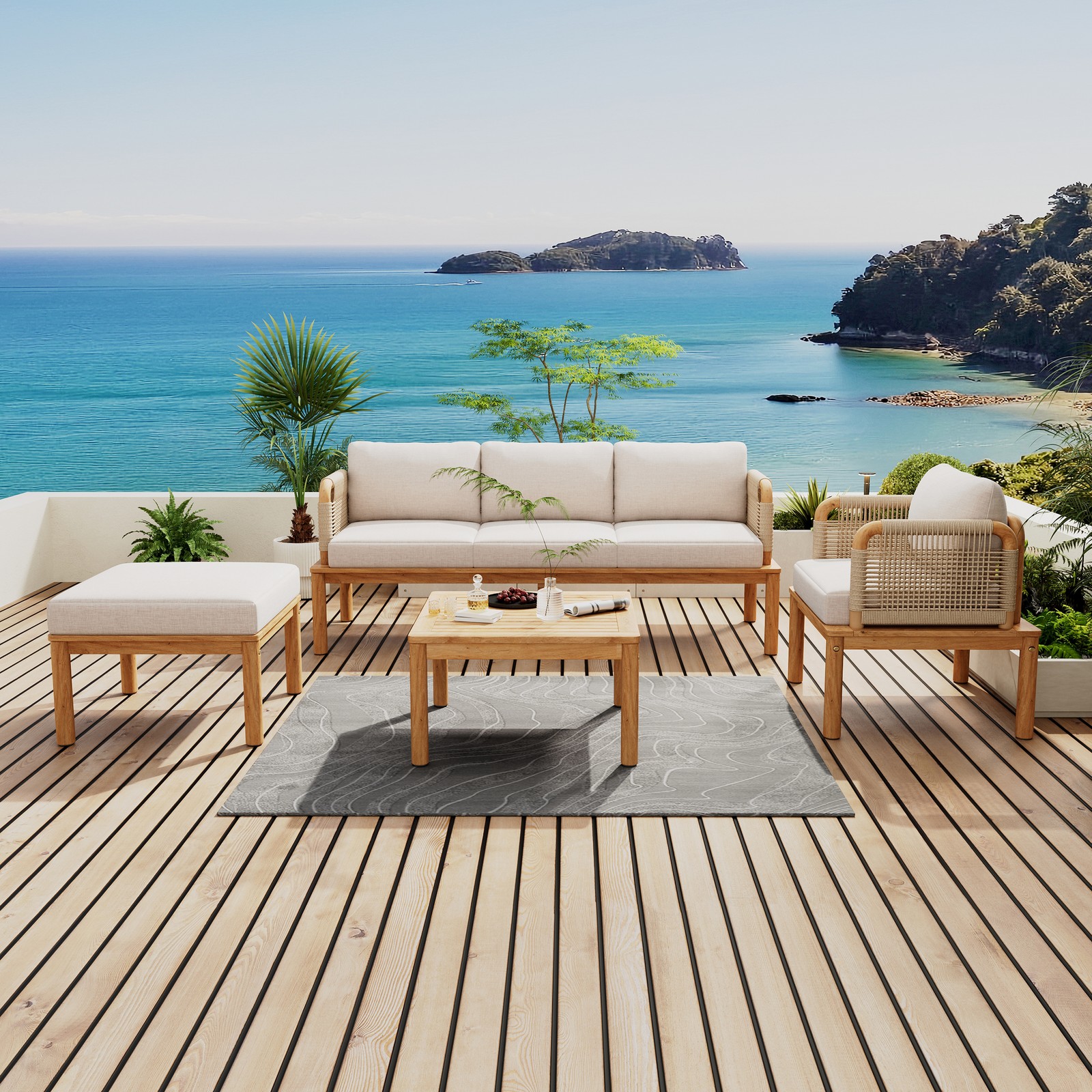 4-Piece Acacia Wood Patio Sectional Set Outdoor Sofa Couch Set W/ Coffee Table