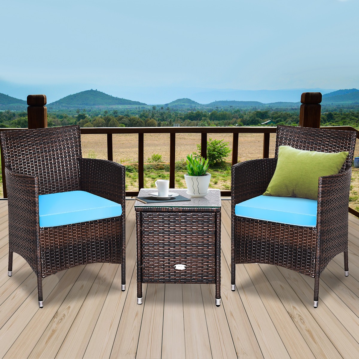 Outdoor 3 PCS Rattan Wicker Furniture Set with 2 Chairs Coffee Table Turquoise