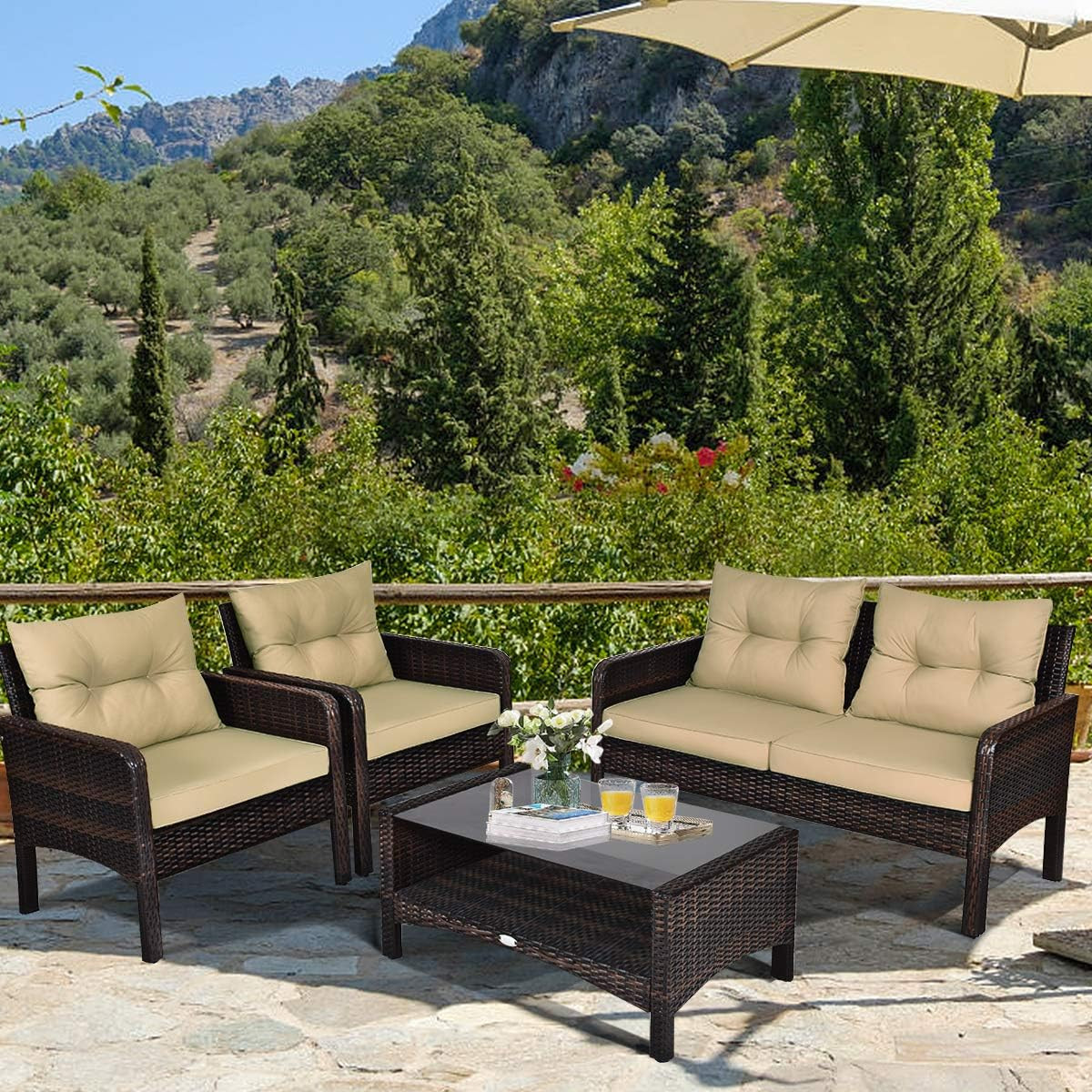 HAPPYGRILL 4-Piece Patio Furniture Outdoor Rattan Wicker Sofa Set with Cushions