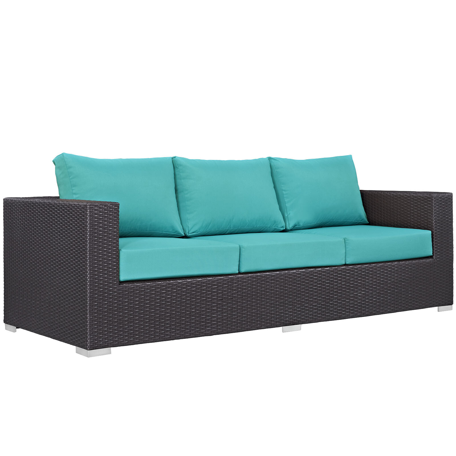 Modway 3PC Wicker Rattan Cushioned Outdoor Patio Sofa Set in Espresso Turquoise