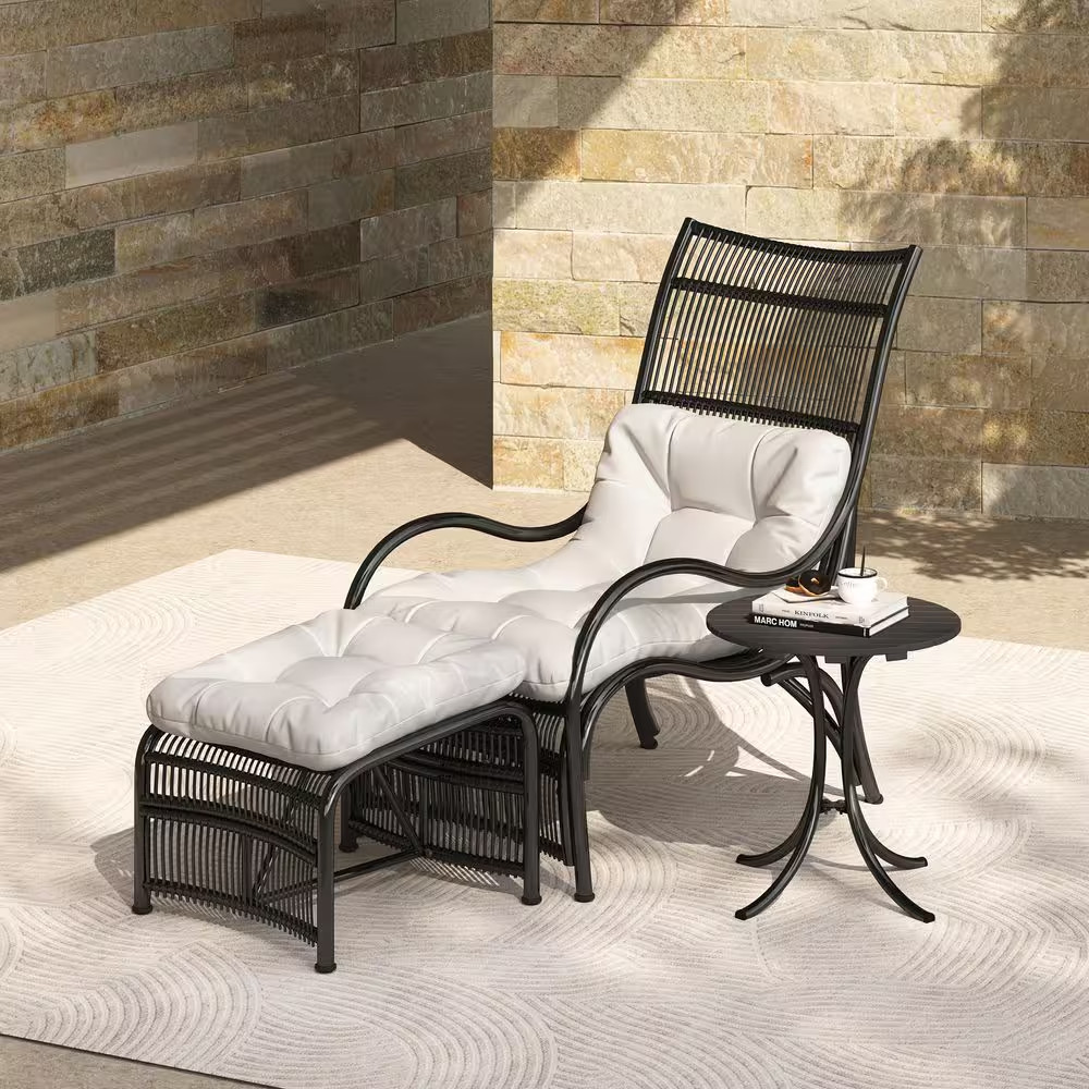 3-Pieces Black Outdoor Metal Patio Conversation Set with Beige Cushion and Table