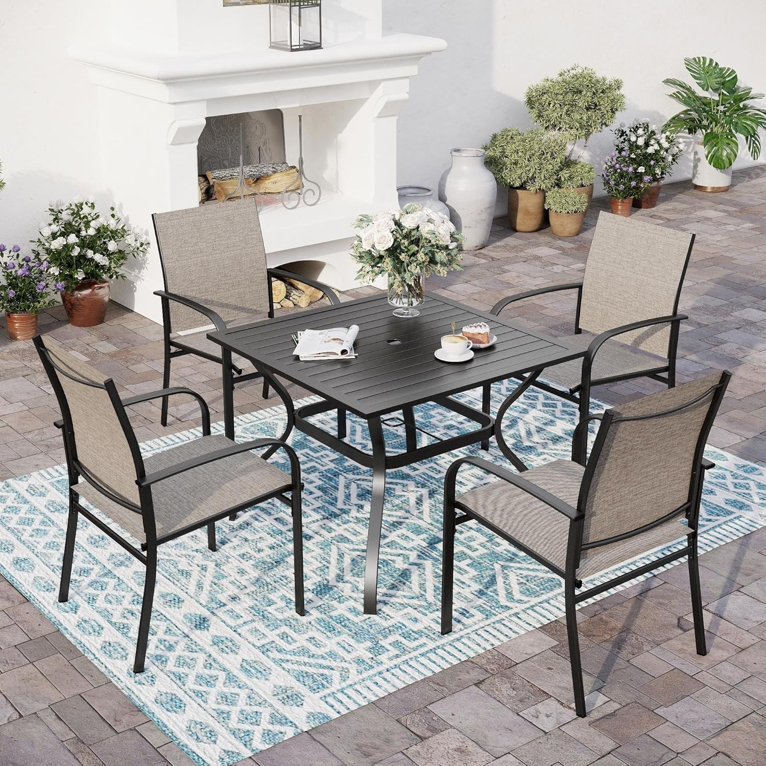 5 Piece Patio Dining Set for 4, 37”X37” Square Table with Umbrella Hole, 4 Metal