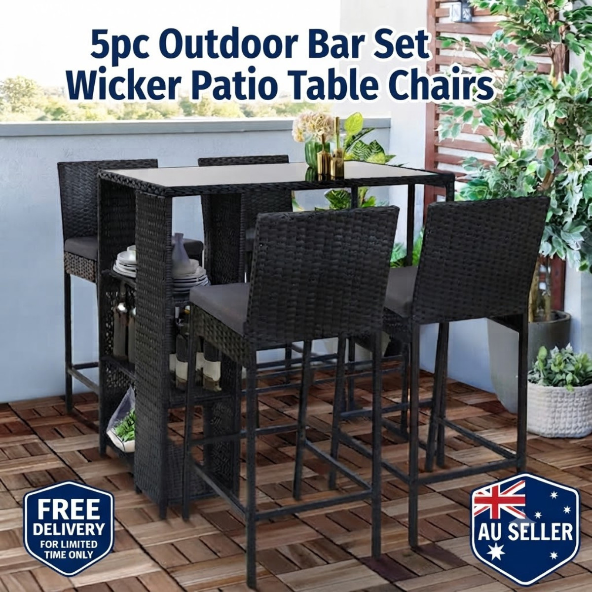 Gardeon Outdoor Wicker Bar Table Set 5pc Patio Dining Stools Furniture
