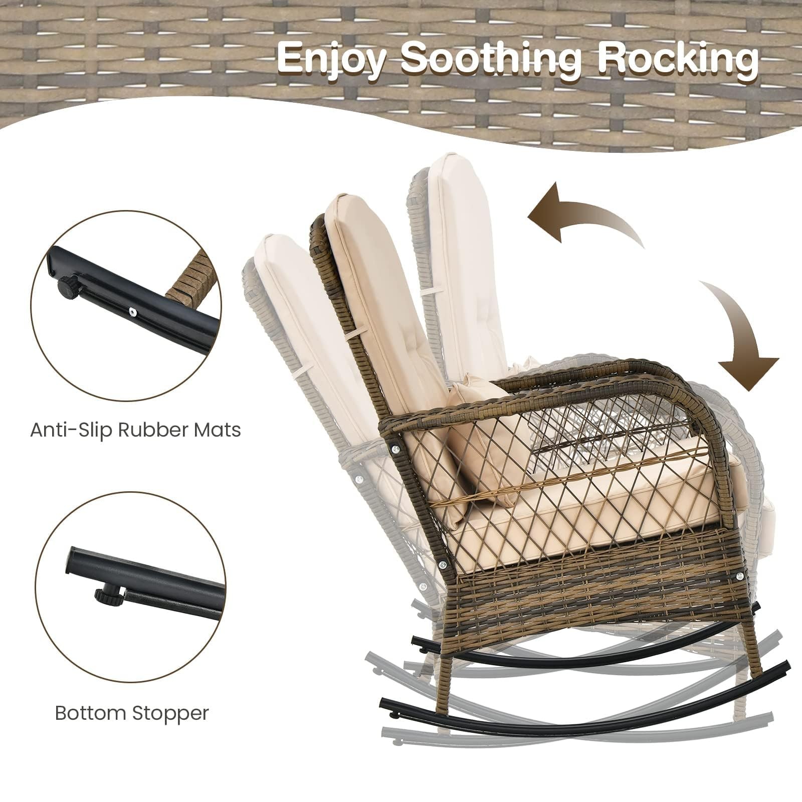 Outdoor Wicker Rocker Set 3 Piece, Patio Furniture w/ Table & High Back Cushions
