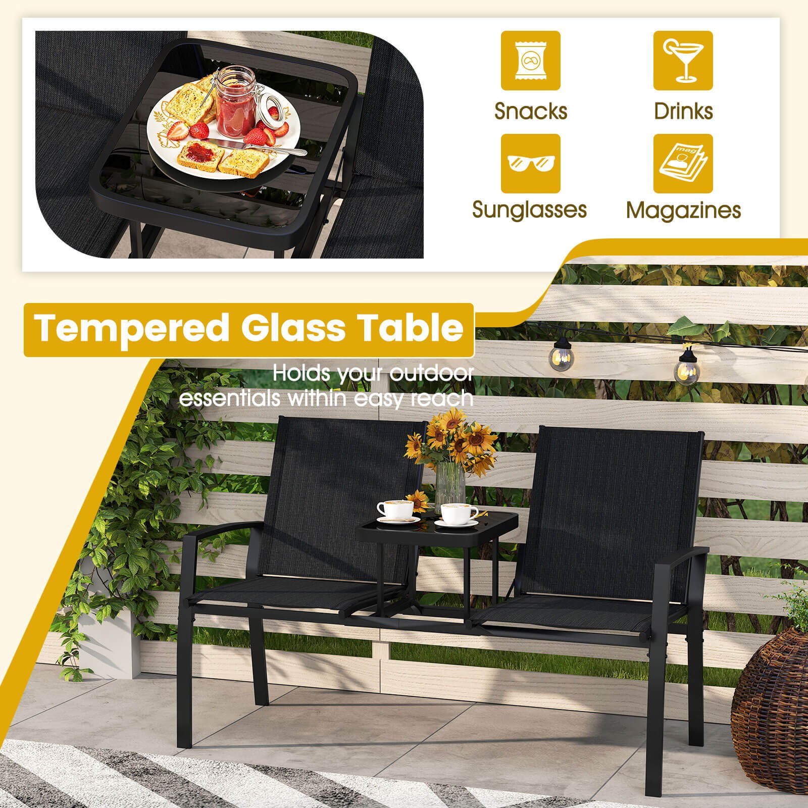 Patio Loveseat w/Built-in Table, Breathable Fabric Back and Seat, Metal Frame