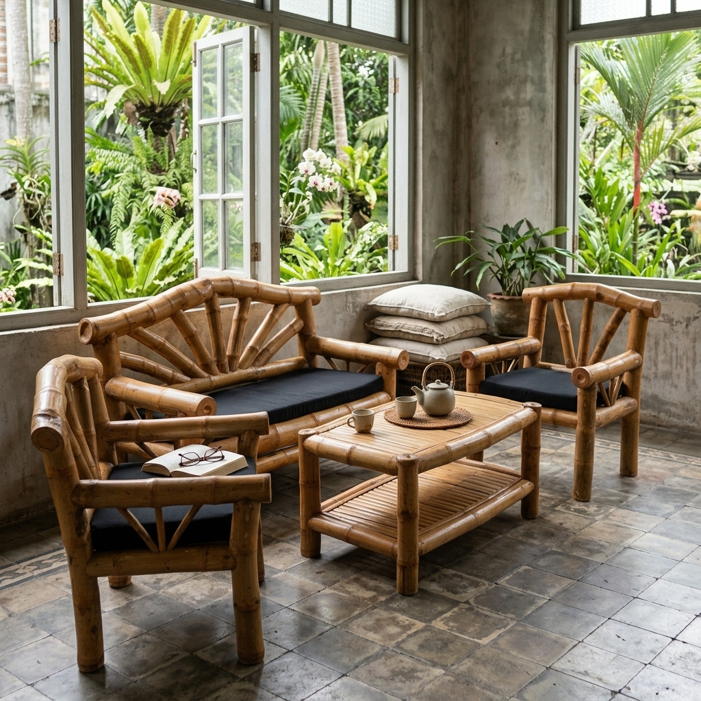 Kinaree UBUD Bamboo Seating Set Garden Bench Table Chairs Beige Tropical