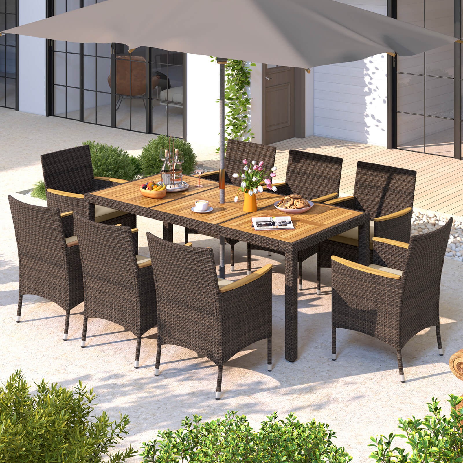 9PCS Patio Dining Set w/ Acacia Wood Table Top Outdoor Dining Set for 8 People